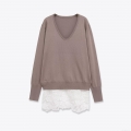 Women's V-Neck Long Sleeve Sweater Lace Patchwork Hem Loose Knit Top Autumn Winter Solid Pullover Streetwear Casual Ladies Jumper