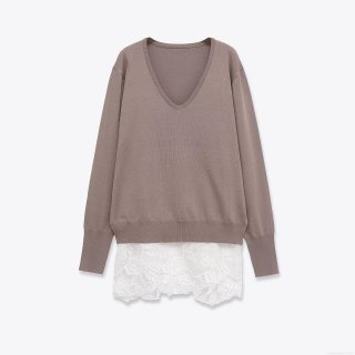 Women's V-Neck Long Sleeve Sweater Lace Patchwork Hem Loose Knit Top Autumn Winter Solid Pullover Streetwear Casual Ladies Jumper