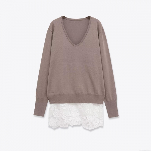 Women's V-Neck Long Sleeve Sweater Lace Patchwork Hem Loose Knit Top Autumn Winter Solid Pullover Streetwear Casual Ladies Jumper Women's V-Neck Long Sleeve Sweater Lace Patchwork Hem Loose Knit Top Autumn Winter Solid Pullover Streetwear Casual Ladies Jumper
