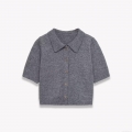 Women Short Sleeve Knit Cardigan Sweater Polo Lapel Single Breasted Solid Color Polyester Casual Autumn Winter Soft Knitwear Grey Tops