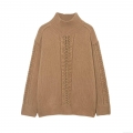 Women Vintage Cable Knit Sweater Hollow Out Pullover Mock Neck Long Sleeve Casual Loose Warm Solid Color Polyester Knitwear Top