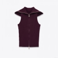 Women's Ribbed Knit Vest Sleeveless Zip Up Lapel Sweater Top Solid Wine Red Slim Fit Streetwear Autumn Pullover Waistcoat For Lady
