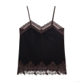 Women's Velvet Lace Patchwork Camisole V-Neck Spaghetti Strap Sleeveless Sexy Coffee Brown Tank Top Camis For Summer Autumn