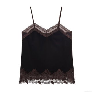Women's Velvet Lace Patchwork Camisole V-Neck Spaghetti Strap Sleeveless Sexy Coffee Brown Tank Top Camis For Summer Autumn