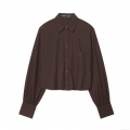 Women's Cropped Plaid Shirt European Style Long Sleeve Seersucker Blouse Single Pocket Button Down Top For Streetwear Casual Spring Autumn