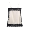 Women Sexy Lace Stitching Satin Camisole V-Neck Spaghetti Strap Tank Top Contrast Color Sleeveless Shirt For Daily Streetwear Party