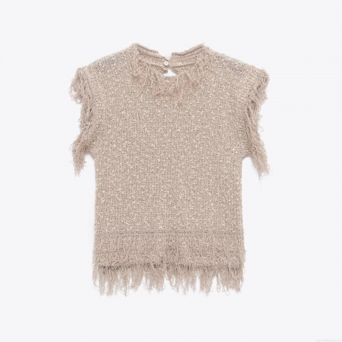 Women's Round Neck Sleeveless Fringe Knit Vest Autumn Winter Solid Color Pullover Tassel Sweater Top Casual Western Style Waistcoat