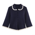 Women's Knitted Cardigan Sweater Elegant Peter Pan Collar Lace Trim Single Breasted Long Sleeve Polyester Knit Top Autumn Casual European American Style Outerwear