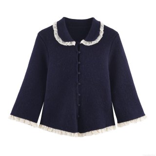 Women's Knitted Cardigan Sweater Elegant Peter Pan Collar Lace Trim Single Breasted Long Sleeve Polyester Knit Top Autumn Casual European American Style Outerwear