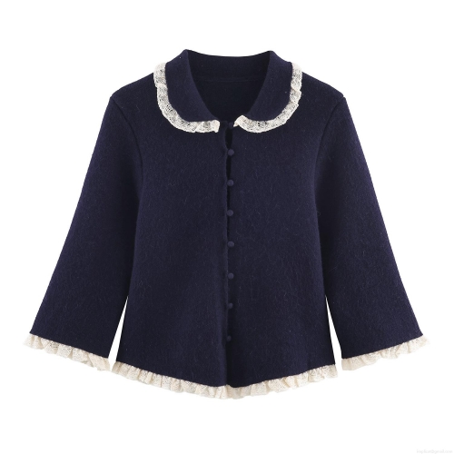 Women's Knitted Cardigan Sweater Elegant Peter Pan Collar Lace Trim Single Breasted Long Sleeve Polyester Knit Top Autumn Casual European American Style Outerwear