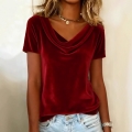 Women's Cowl Neck Velvet T-Shirt Sexy Solid Color Short Sleeve Velour Top Casual Elegant Spring Summer Tee For Women Party Date Night Wear