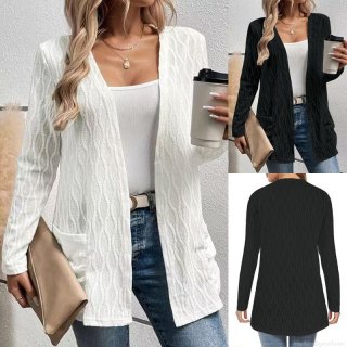 Women's Casual Mid-Length Knit Cardigan Solid Color Wave Texture Open Front Sweater Jacket With Pockets For Autumn Winter Daily Commute