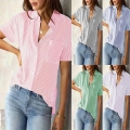 Women's Casual Striped Short Sleeve Shirt Polyester Button Down Blouse With Pocket Summer Fashion Lapel Tops For Ladies Daily Wear