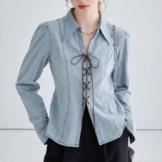Women Sexy Lace-up Denim Shirt Jacket Slim Fit V-neck Long Puff Sleeve Washed Light Blue Streetwear Blouse For Women Party Dating Casual Wear