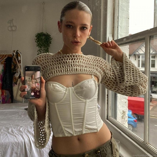 Women Sexy Hollow Out Crochet Knit Shrug Long Flare Sleeve Bolero Cardigan Solid Color Off Shoulder Short Top Streetwear Layering Top For Ladies