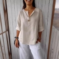 Women's V Neck Cotton Linen T-Shirt Loose Fit 3/4 Sleeve Button Blouse Casual Summer Top For Ladies Solid Color Breathable Tunic Top