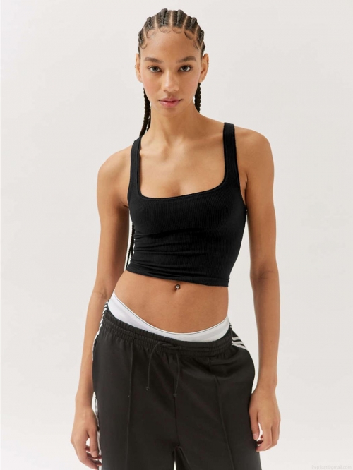 Women's Ribbed Knit Tank Top Square Neck Slim Fit Cropped Camisole Streetwear Y2K Solid Color Basic Vest Sleeveless Top for Summer Casual Daily