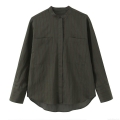 Women's Fashion Striped Stand Collar Shirt Loose Long Sleeve Polyester Blouse With Double Pockets Casual Office Top
