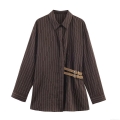 Women Striped Long Sleeve Shirt Fashion Casual Lapel Neck Loose Blouse With Double Buckle Belt Decor Coffee Brown Polyester Poplin Top For Women Winter