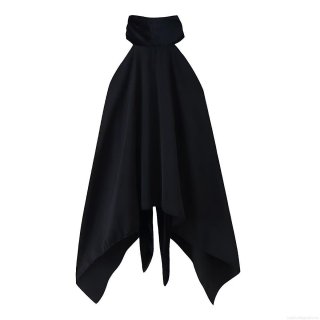 Women Sexy Halter Neck Asymmetric Hem Top Elegant Velvet Patchwork Scarf Collar Backless Sleeveless Blouse For Party Clubwear Solid Black Slim Fit Shirt