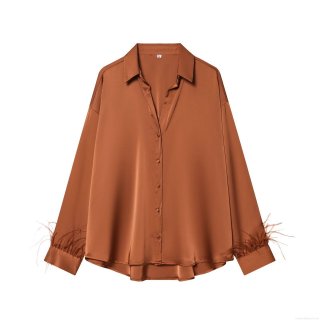 Women's Elegant Satin Long Sleeve Blouse With Feather Trim Cuffs Solid Color Button Down Shirt Collar Party Evening Fashion Casual Top