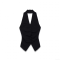 Women's Sexy Halter Neck Knit Backless Top Polyester Spandex Ribbed Buttons Ruched Slim Fit Vest For Party Summer Camisole