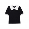 Women's Sweet Bow Peter Pan Collar T-Shirt Contrast Color Knit Short Sleeve Top Retro Elegant Polyester Spandex Casual Blouse For Women