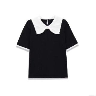 Women's Sweet Bow Peter Pan Collar T-Shirt Contrast Color Knit Short Sleeve Top Retro Elegant Polyester Spandex Casual Blouse For Women