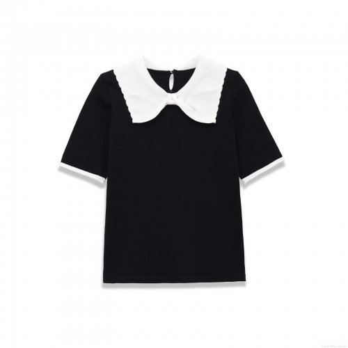Women's Sweet Bow Peter Pan Collar T-Shirt Contrast Color Knit Short Sleeve Top Retro Elegant Polyester Spandex Casual Blouse For Women