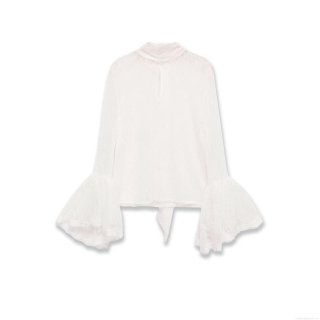 Women's Elegant White Lace Flare Sleeve Blouse Vintage Patchwork Half-High Neck Pullover Top For Party Dating Sexy Ruffled Mesh Shirt