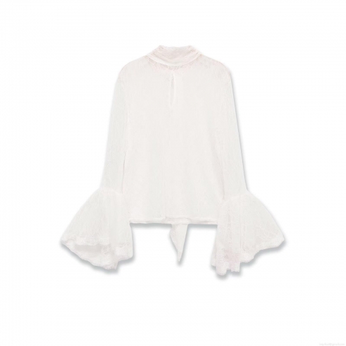 Women's Elegant White Lace Flare Sleeve Blouse Vintage Patchwork Half-High Neck Pullover Top For Party Dating Sexy Ruffled Mesh Shirt