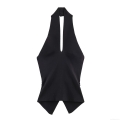Women Sexy Backless Halter Knit Top With Ruched Button Front Detail Polyester Spandex Sleeveless Slim Fit Crop Top For Party Vacation Daily Wear