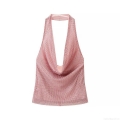 Women's Sexy Pink Rhinestone Halter Camisole Top Backless Cowl Neck Mesh Slim Fit Party Clubwear Top For Night Out Summer Fashion