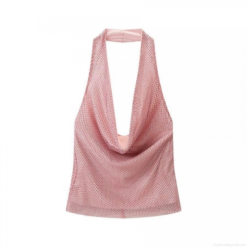 Women's Sexy Pink Rhinestone Halter Camisole Top Backless Cowl Neck Mesh Slim Fit Party Clubwear Top For Night Out Summer Fashion