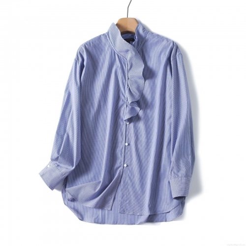 Women's Long Sleeve Shirt 100% Cotton Blue White Vertical Striped Ruffle Mock Neck Blouse French Style Button Down Casual Office Tops