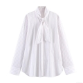 Women's Long Sleeve Striped Poplin Blouse Tie Neck Bow Shirt Loose Casual Office Top Single Breasted Button Down Elegant Vertical Striped Design