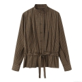 Women's Retro Plaid Stand Collar Long Sleeve Blouse With Bow Tie Decoration Fashion Casual Button Down Shirt For Women Daily Wear