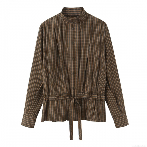 Women's Retro Plaid Stand Collar Long Sleeve Blouse With Bow Tie Decoration Fashion Casual Button Down Shirt For Women Daily Wear