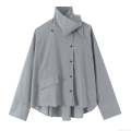 Women's Oversized Houndstooth Shirt Asymmetric Stand Collar Long Sleeve Plaid Blouse With Pocket Casual Loose Grey Top For Women Autumn Winter Fashion