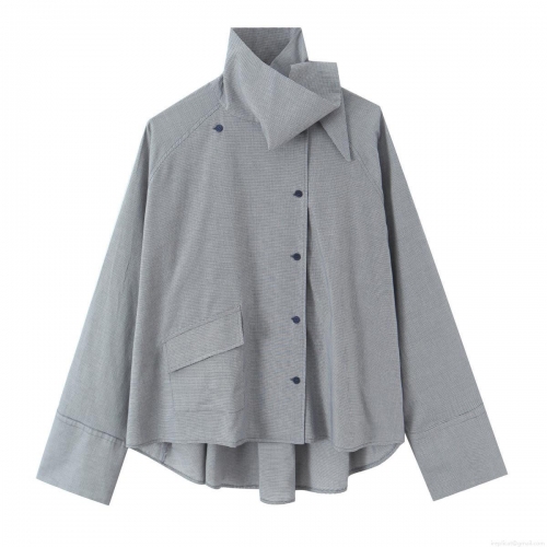 Women's Oversized Houndstooth Shirt Asymmetric Stand Collar Long Sleeve Plaid Blouse With Pocket Casual Loose Grey Top For Women Autumn Winter Fashion