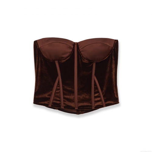 Women's Sexy Velvet Corset Top With Fishbone Support Strapless Slim Fit Crop Top Elegant Dark Red Satin Patchwork Bustier With Hook-and-Eye Closure For Party