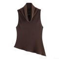 Women's High Neck Asymmetric Hem Top Sleeveless Polyester Spandex Solid Color Casual Cowl Neck Blouse For Daily Dating Simple Fashion Tank Top