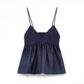 Women Sexy Deep Blue Patchwork Camisole Ribbed Knit And Satin V-Neck Spaghetti Strap Top A-Line Flowy Sleeveless Tank Top For Dating Daily Party Wear