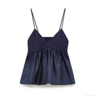 Women Sexy Deep Blue Patchwork Camisole Ribbed Knit And Satin V-Neck Spaghetti Strap Top A-Line Flowy Sleeveless Tank Top For Dating Daily Party Wear