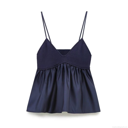Women Sexy Deep Blue Patchwork Camisole Ribbed Knit And Satin V-Neck Spaghetti Strap Top A-Line Flowy Sleeveless Tank Top For Dating Daily Party Wear