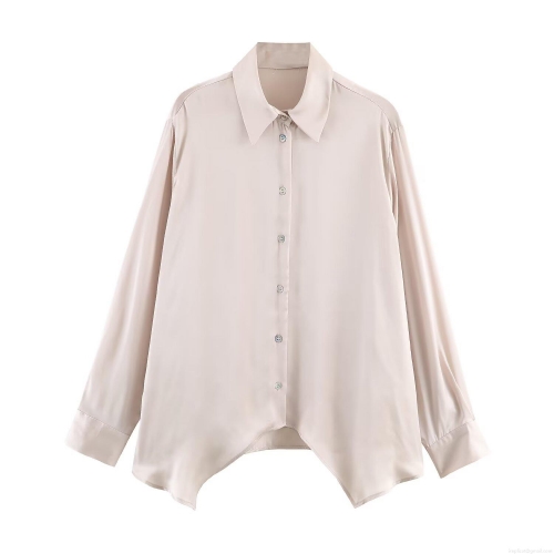 Women's Elegant Satin Blouse Asymmetric Slit Hem Long Sleeve Button Up Shirt Office Lady Commuter Tops Champagne Silky Solid Color Fashionable Spring Blouse