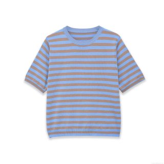 Women's Fashion Striped Knitted Short Sleeve Top Casual Round Neck Polyester Spandex Tee Slim Fit Soft Pullover For Ladies Daily Summer Spring Stretchy T-Shirt