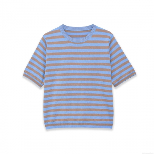 Women's Fashion Striped Knitted Short Sleeve Top Casual Round Neck Polyester Spandex Tee Slim Fit Soft Pullover For Ladies Daily Summer Spring Stretchy T-Shirt