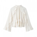 Women's Elegant High Neck Ruffle Blouse Long Sleeve Solid Color Layered Pullover Top Fashion Polyester Spandex Commuter Shirt