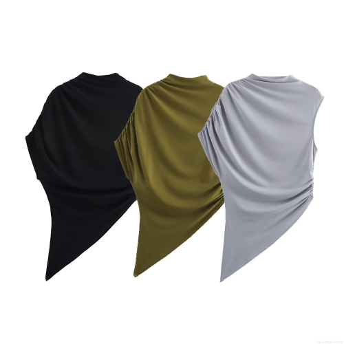 Women's Elegant Ruched Asymmetric Sleeveless Top Solid Color Irregular Hem Polyester Spandex T-Shirt For Date Party Lady